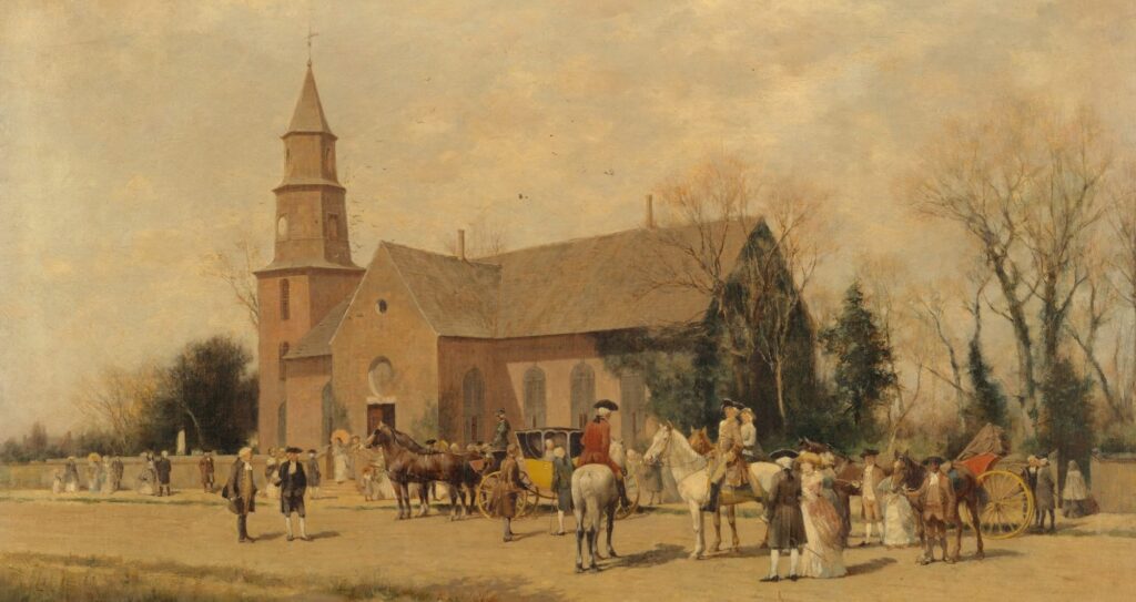 Church tithes supporting local congregation gathered outside historic church building